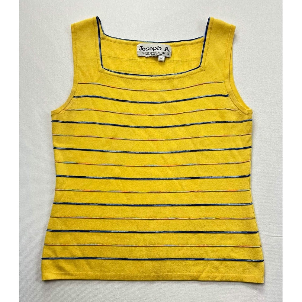 Vintage Joseph A Women's Yellow Textured Striped Knit Tank Top Square Neck Y2K M